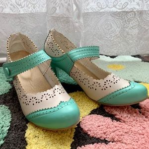 Punched leather rockabilly strap heels white aqua
